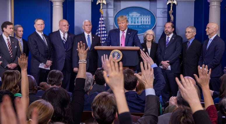 onald Trump speaks at the beginning of a new conference with members of the coronavirus task force, including Vice President Mike Pence on Feb. 26, 2020. onald Trump speaks at the beginning of a new conference with members of the coronavirus task force, including Vice President Mike Pence on Feb. 26, 2020.