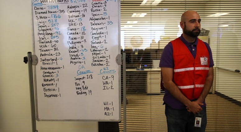 Narimon Mirza stands next a to a whiteboard showing the number of Coronavirus COVID-19 cases around the world at the Medical Health and Coordination Center at the California Department of Public Health on February 27, 2020 in Sacramento. Narimon Mirza stands next a to a whiteboard showing the number of Coronavirus COVID-19 cases around the world at the Medical Health and Coordination Center at the California Department of Public Health on February 27, 2020 in Sacramento.