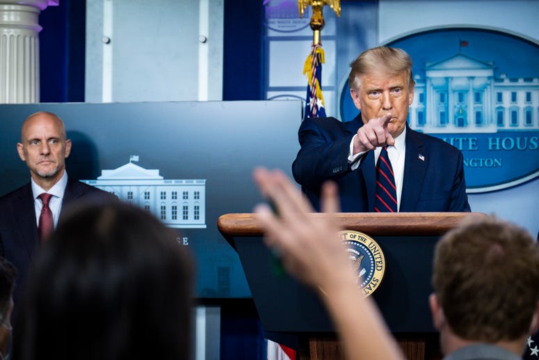 President Donald Trump announces that the Food and Drug Administration is issuing an emergency authorization for blood plasma as a coronavirus treatment during a press conference in James S. Brady Briefing Room at the White House on August 23, 2020. President Donald Trump announces that the Food and Drug Administration is issuing an emergency authorization for blood plasma as a coronavirus treatment during a press conference in James S. Brady Briefing Room at the White House on August 23, 2020.
