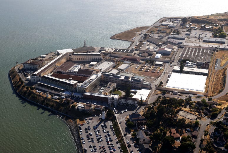 An aerial view San Quentin State Prison on July 08, 2020 in San Quentin, California. Over 1,400 inmates and staff at San Quentin State Prison have become infected with coronavirus COVID-19 after inmates from a Chino, California prison. An aerial view San Quentin State Prison on July 08, 2020 in San Quentin, California. Over 1,400 inmates and staff at San Quentin State Prison have become infected with coronavirus COVID-19 after inmates from a Chino, California prison.