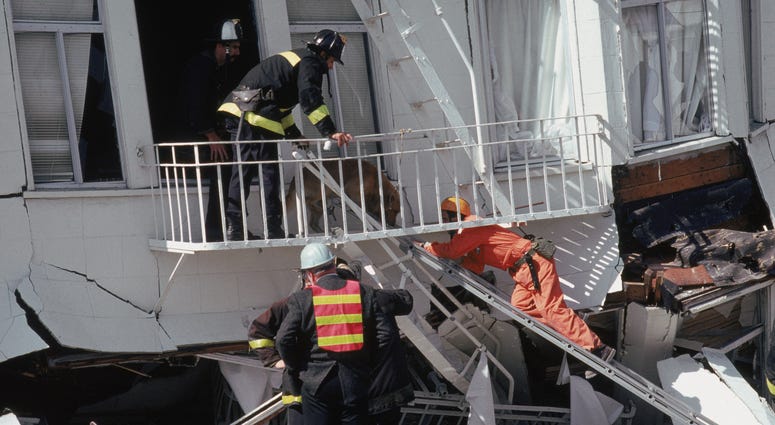 General view of rescue attempts in the Marina District disaster zone after the earthquake, measuring 7.1 on the richter scale, rocks game three of the World Series between the Oakland A's and San Francisco Giants at Candlestick Park on October 17, 1989. General view of rescue attempts in the Marina District disaster zone after the earthquake, measuring 7.1 on the richter scale, rocks game three of the World Series between the Oakland A's and San Francisco Giants at Candlestick Park on October 17, 1989.