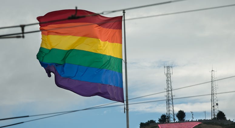 A large pink triangle is seen behind a rainbow flag during a gay pride celebration on June 27, 2015 in San Francisco, California. A large pink triangle is seen behind a rainbow flag during a gay pride celebration on June 27, 2015 in San Francisco, California.