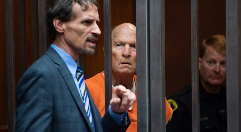East Area Rapist suspect Joseph James DeAngelo stands with attorney Joe Cress, left, during his hearing on Tuesday, May 29, 2018, in Sacramento, Calif.