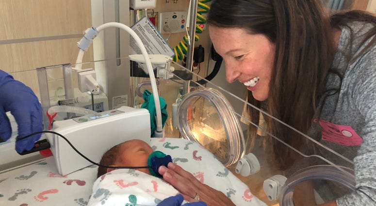 Kristy Dodge and her son Jasper, who is benefiting from a pacifier that uses music to help premature babies struggling to feed in the hospital Kristy Dodge and her son Jasper at CPMC Van Ness Hospital in San Francisco