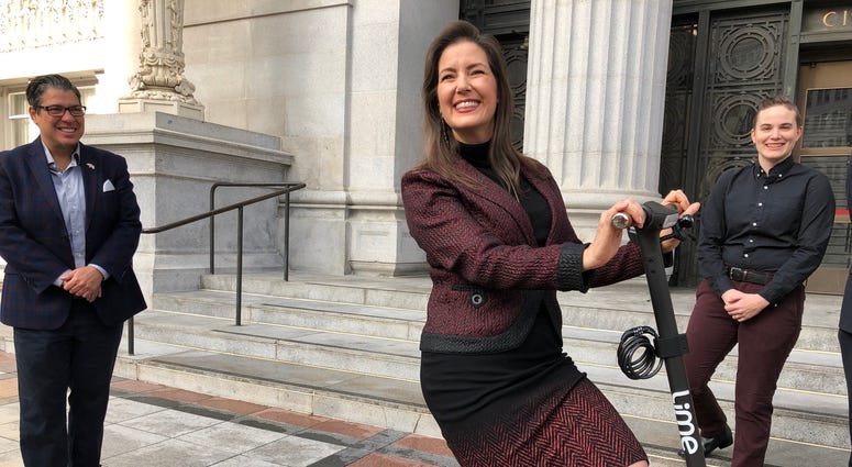 Oakland Mayor Libby Schaaf on Jan. 8, 2020 models an electronic scooter that has been designed for people with disabilities. Oakland Mayor Libby Schaaf on Jan. 8, 2020 models an electronic scooter that has been designed for people with disabilities.