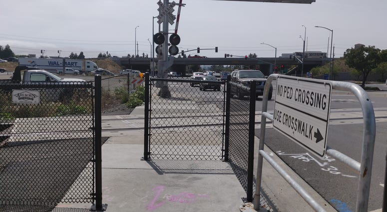 A so-called zip gate has been installed at a SMART train crossing in Rohnert Park near where a pedestrian and cyclist were fatally struck by trains in June 2019. A so-called zip gate has been installed at a SMART train crossing in Rohnert Park near where a pedestrian and cyclist were fatally struck by trains in June 2019.