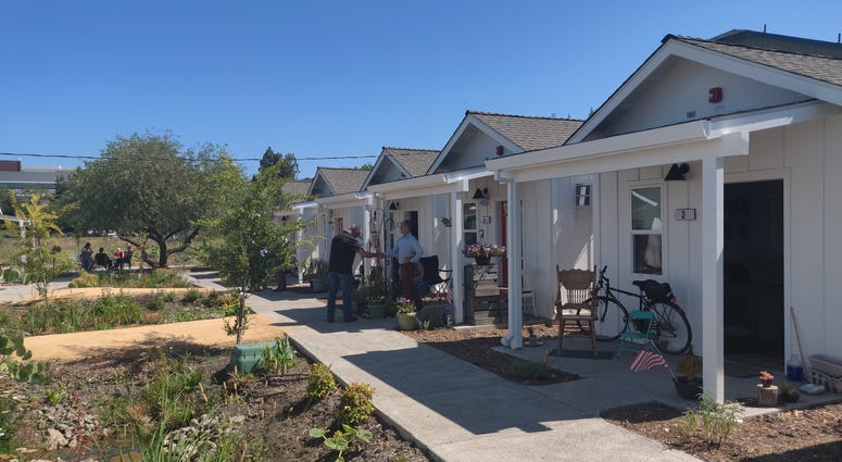 A group of 14 homeless veterans have moved into 250-square foot "tiny homes" in Santa Rosa in July 2019. A group of 14 homeless veterans have moved into 250-square foot "tiny homes" in Santa Rosa in July 2019.