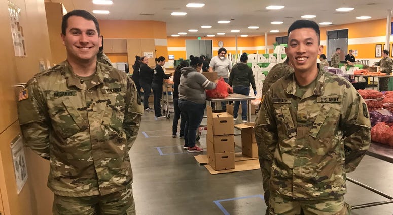 Members of the California National Guard were activated to support a South Bay food bank that was struggling without volunteers during the coronavirus outbreak on March 24, 2020. Members of the California National Guard were activated to support a South Bay food bank that was struggling without volunteers during the coronavirus outbreak on March 24, 2020.