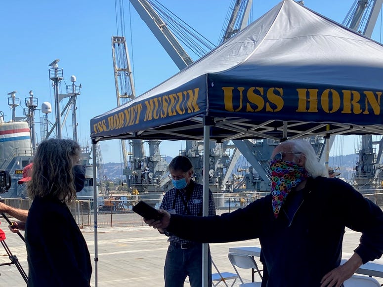 Pat Clark, interviewed by Jim Taylor at USS Hornet during U.S. Citizenship ceremony, July 2, 2020 Pat Clark, interviewed by Jim Taylor at USS Hornet during U.S. Citizenship ceremony, July 2, 2020