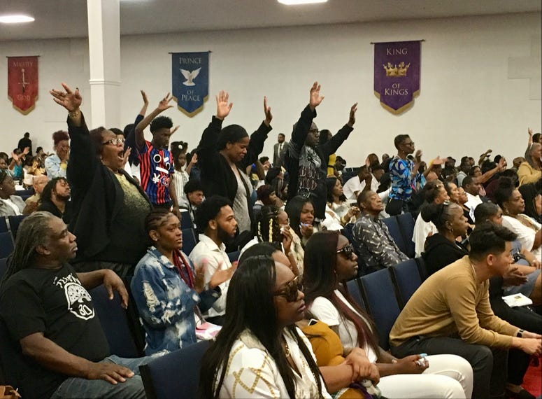 Mourners at a funeral for Nia Wilson, a teenager who authorities said was stabbed to death by a passenger on a BART train.