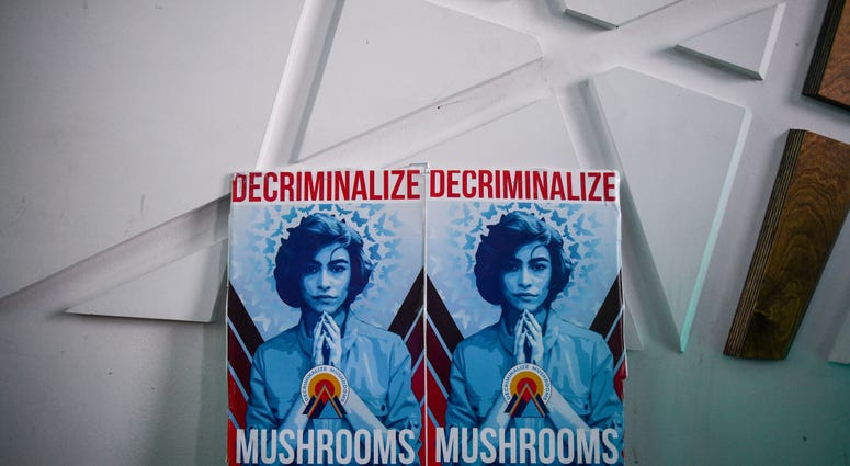 osters in support of Ordinance 301, which would decriminalize psilocybin mushrooms, sit at an election night watch party on May 7, 2019 in Denver, Colorado. osters in support of Ordinance 301, which would decriminalize psilocybin mushrooms, sit at an election night watch party on May 7, 2019 in Denver, Colorado.