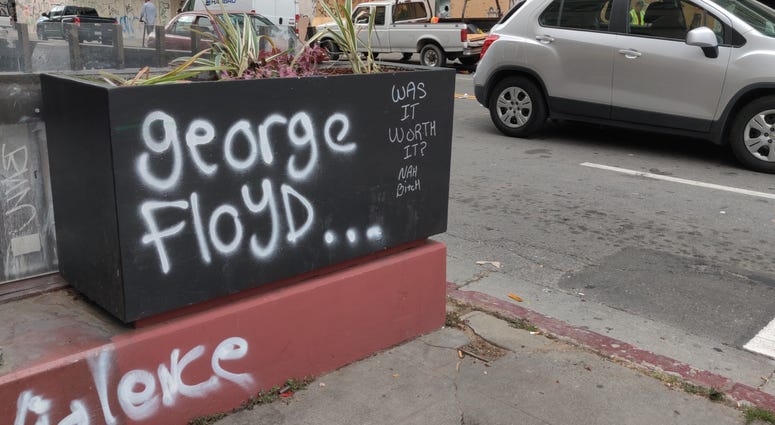 Graffiti seen in downtown Oakland following Friday's protest.