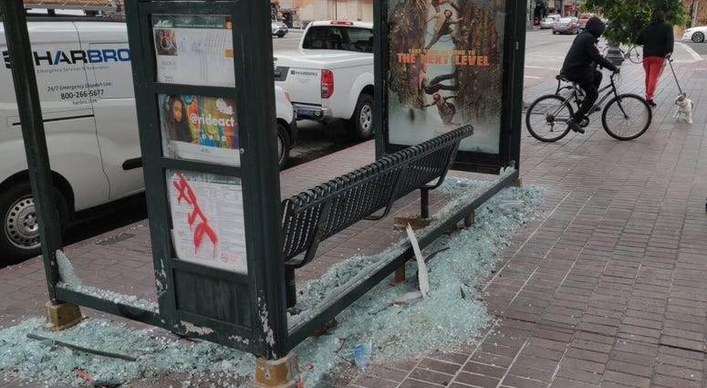 Smashed glass seen in Downtown Oakland following Friday's protest.