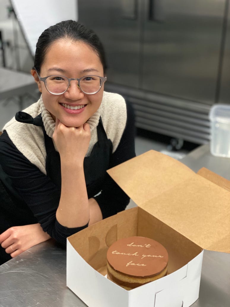 Butter And owner Amanda Nguyen poses with a quarantine cake Butter And owner Amanda Nguyen poses with a quarantine cake