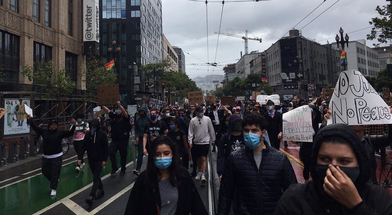 A rally moves down Market St. in San Francisco.