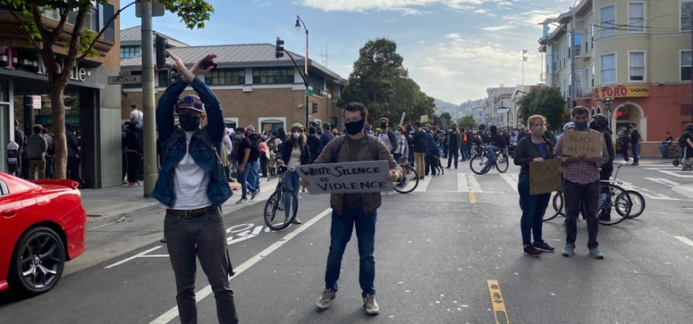 Protesters gather in San Francisco's Mission neighborhood Saturday night. Protesters gather in San Francisco's Mission neighborhood Saturday night.