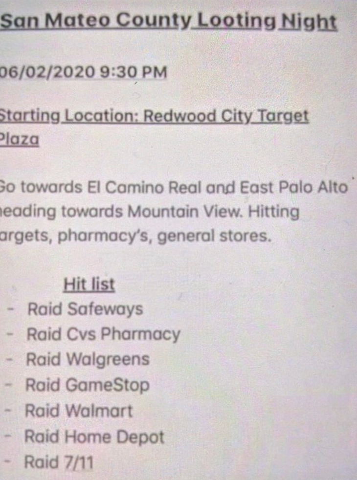 A flier circulating on social media advertises a "San Mateo County Looting Night." A flier circulating on social media advertises a "San Mateo County Looting Night."