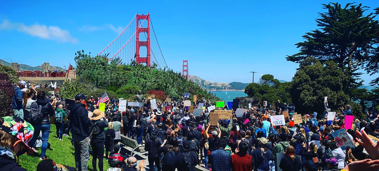 Protesters ready to march across the Golden Gate Bridge. Protesters ready to march across the Golden Gate Bridge.