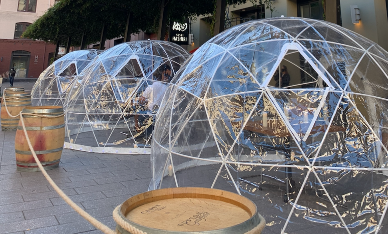 Igloo-like plastic dining bubbles line San Francisco's Mint Plaza outside sushi eatery Hashiri in early August. Igloo-like plastic dining bubbles line San Francisco's Mint Plaza outside sushi eatery Hashiri in early August.