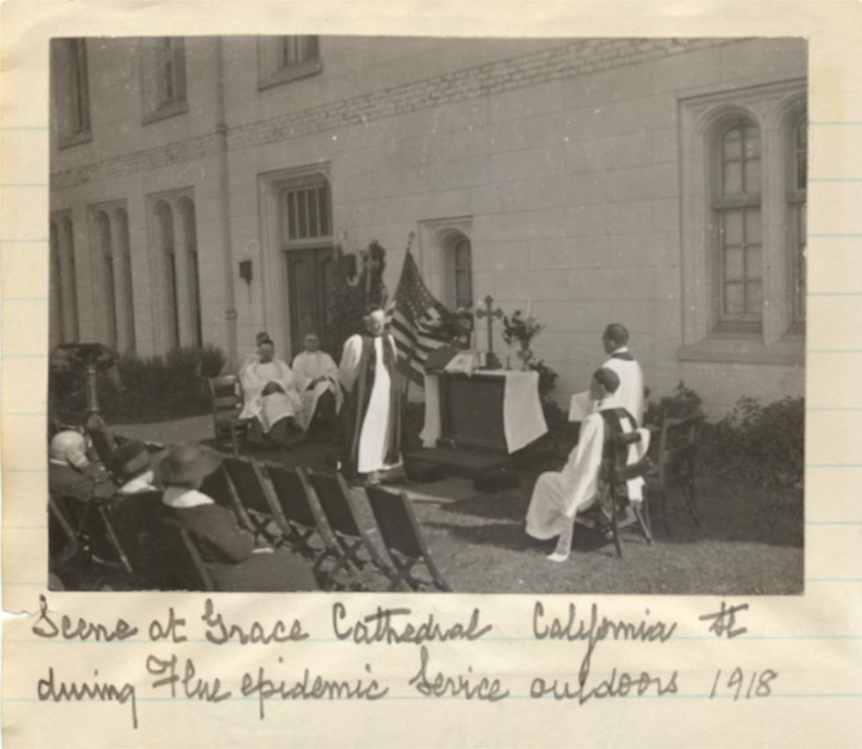 Clergy holds an outdoor service at the Grace Cathedral during the 1918 Spanish Flu pandemic SF Churches Rethink Services As They Prepare to Reopen