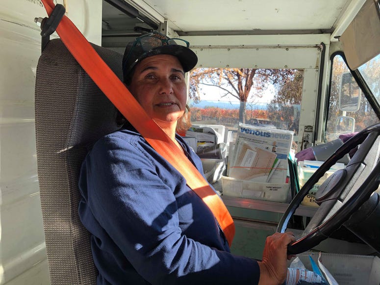 Bernadette Laos, a postal worker in Sonoma County, sees the remnants of her home, which was destroyed by the Kincade Fire, on her USPS route every day. Bernadette Laos, a postal worker in Sonoma County, sees the remnants of her home, which was destroyed by the Kincade Fire, on her USPS route every day.