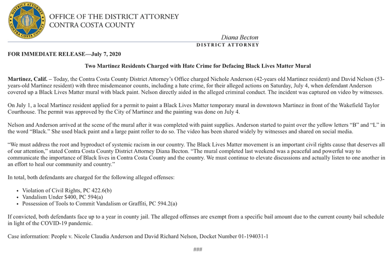 Martinez District Attorney Release on Hate Crime to BLM Mural Martinez District Attorney Release on Hate Crime to BLM Mural