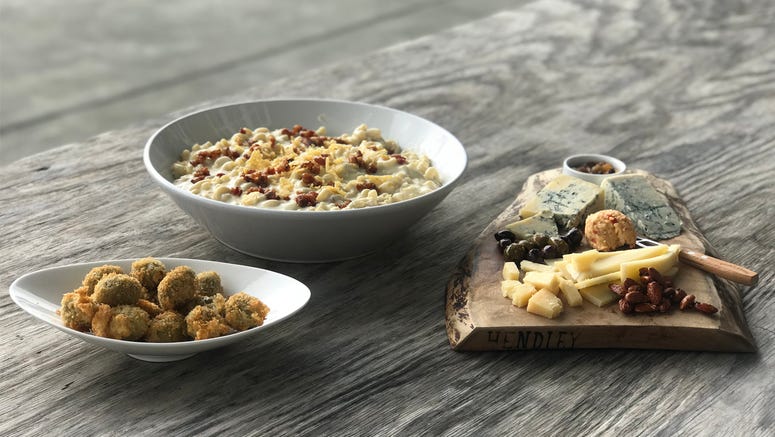 Fried Original Blue-Stuffed Olives and Creamy Toma Mac & Cheese with Toasted Breadcrumbs Fried Original Blue-Stuffed Olives and Creamy Toma Mac & Cheese with Toasted Breadcrumbs