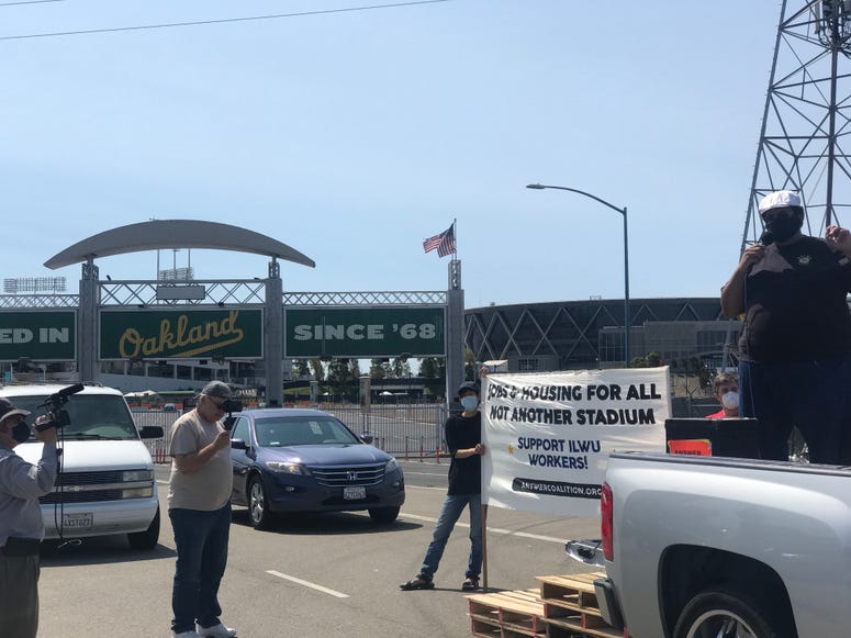 Protesters started at the Oakland Coliseum to raise against the A's planned stadium at Howard Terminal