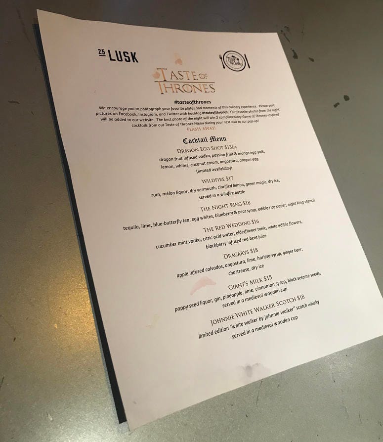 25 Lusk's 'Taste of Thrones' Menu 25 Lusk's 'Taste of Thrones' Menu
