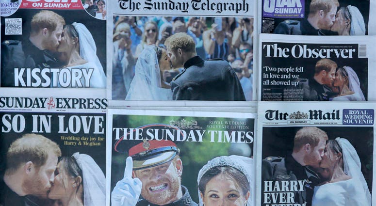 AP18140319137563 A photo illustration showing a selection of British Newspaper front pages with pictures from the wedding of Britain's Prince Harry and Meghan Markle, in London, Sunday, May 20, 2018. (AP Photo/Kirsty Wigglesworth)