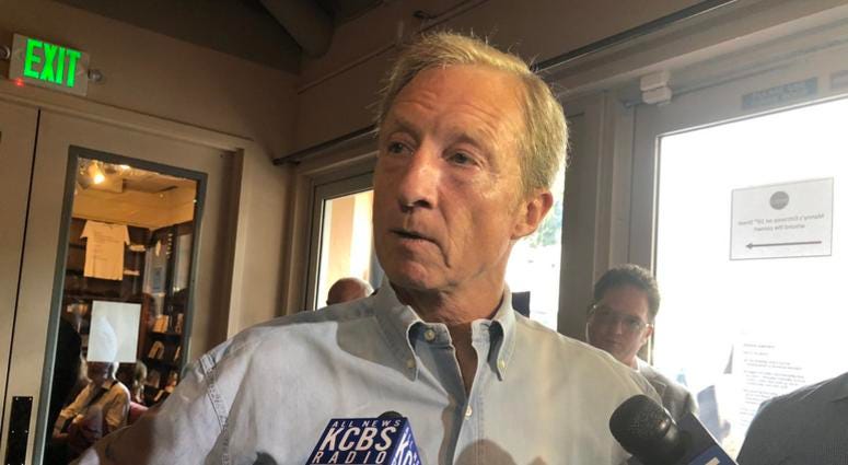 Tom Steyer speaks to reporters during a campaign stop at Manny's, a popular destination for candidates, in San Francisco on July 17, 2019 Tom Steyer speaks to reporters during a campaign stop at Manny's, a popular destination for candidates, in San Francisco on July 17, 2019.