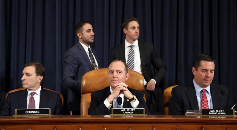Daniel Goldman (L), attorney and director of investigations with the House Intelligence Committee, and House Intelligence Committee Chairman Adam Schiff (C) (D-CA), and U.S. House Intelligence Committee ranking member Rep. Devin Nunes (R) (R-CA). Daniel Goldman (L), attorney and director of investigations with the House Intelligence Committee, and House Intelligence Committee Chairman Adam Schiff (C) (D-CA), and U.S. House Intelligence Committee ranking member Rep. Devin Nunes (R) (R-CA).