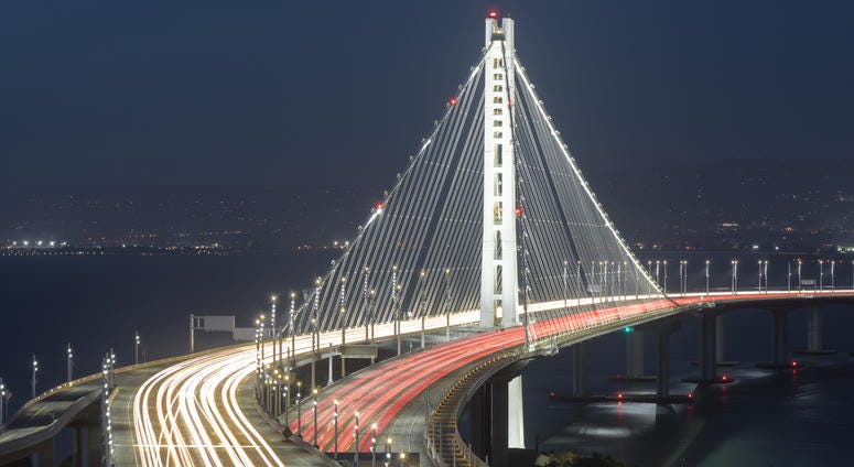 San Francisco-Oakland Bay Bridge Eastern Span At Night: An Oakland Assemblyman is looking into establishing bus only lanes on the span to speed up the commute. San Francisco-Oakland Bay Bridge Eastern Span At Night