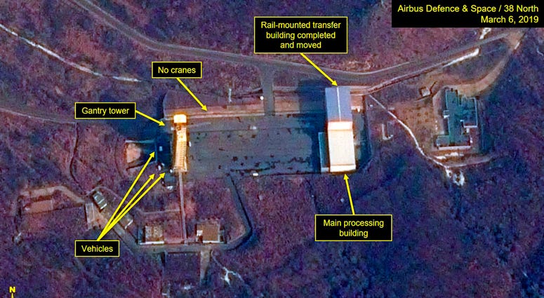 This image provided by Airbus Defence & Space and 38 North via a satellite image from CNES which was captured on March 6, 2019, shows the Sohae Satellite Launch Facility in Tongchang-ri, North Korea This image provided by Airbus Defence & Space and 38 North via a satellite image from CNES which was captured on March 6, 2019, shows the Sohae Satellite Launch Facility in Tongchang-ri, North Korea
