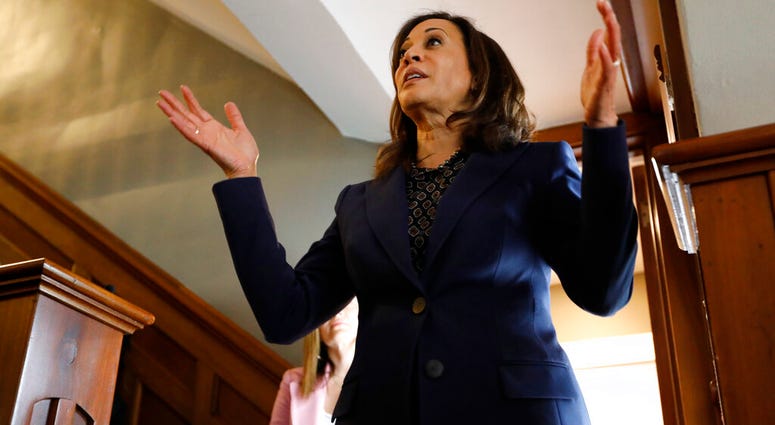 2020 Democratic presidential candidate Sen. Kamala Harris speaks during a house party, Thursday, April 11, 2019, in Des Moines, Iowa. AP DO NOT USE