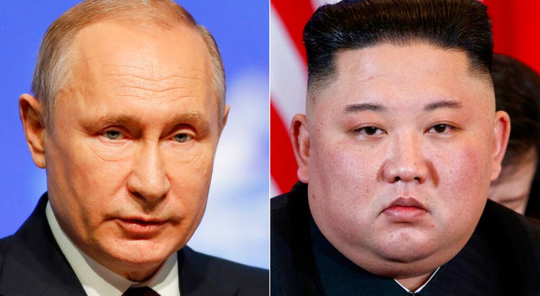 This combination file photo, shows Russian President Vladimir Putin, left, in St. Petersburg, Russia, April 9, 2019, and North Korean leader Kim Jong Un in Hanoi, Vietnam, on Feb. 28, 2019. AP DO NOT USE