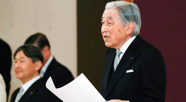 Japan's Emperor Akihito speaks during the ceremony of his abdication in front of other members of the royal families and top government officials at the Imperial Palace in Tokyo, Tuesday, April 30, 2019. AP DO NOT USE