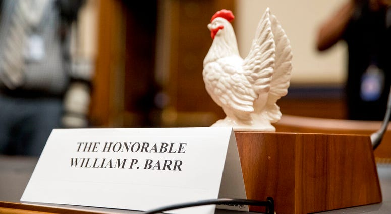 Rep. Steve Cohen, D-Tenn., placed a prop chicken on the witness desk for Attorney General William Barr after he does not appear before a House Judiciary Committee hearing on Capitol Hill in Washington, Thursday, May 2, 2019. AP DO NOT USE