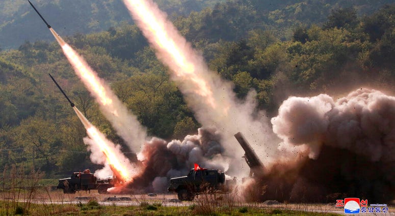 his Thursday, May 9, 2019, photo provided Friday, May 10, 2019, by the North Korean government shows a test of military weapon systems in North Korea. AP DO NOT USE