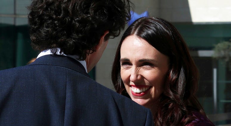 New Zealand Prime Minister Jacinda Ardern, right, smiles prior to give a press conference, at the OECD headquarters, in Paris, Tuesday, May 14, 2019. AP DO NOT USE