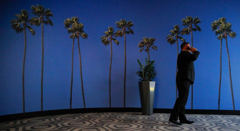 this May 4, 2018, file photo a man talks on the phone in a hallway adorned with the palm tree-printed wallpaper at a hotel near the Los Angeles International Airport in Los Angeles. AP DO NOT USE