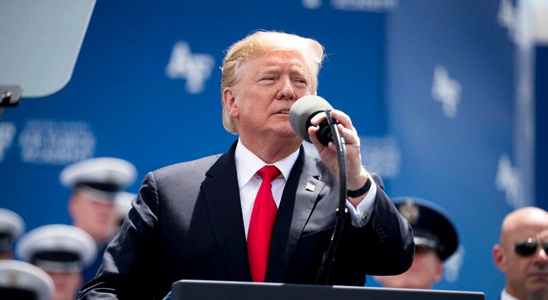 President Donald Trump speaks during the 2019 United States Air Force Academy Graduation Ceremony at Falcon Stadium, Thursday, May 30, 2019, at the United States Air Force Academy, in Colorado Springs, Colo. President Donald Trump speaks during the 2019 United States Air Force Academy Graduation Ceremony at Falcon Stadium, Thursday, May 30, 2019, at the United States Air Force Academy, in Colorado Springs, Colo.