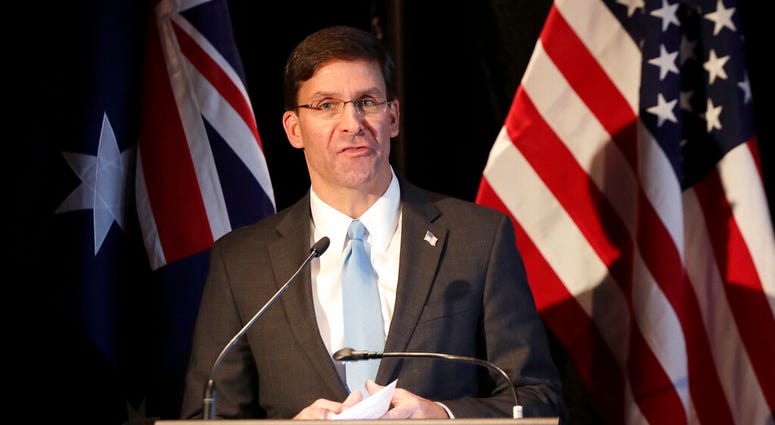 U.S. Defense Secretary Mark Esper briefs the media at a press conference following annual bilateral ministerial talks in Sydney, Australia, Sunday, Aug. 4, 2019. AP DO NOT USE