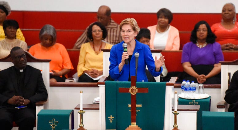 Democratic presidential hopeful Elizabeth Warren addresses congregants at Reid Chapel AME Church on Sunday, Aug. 18, 2019, in Columbia, S.C.