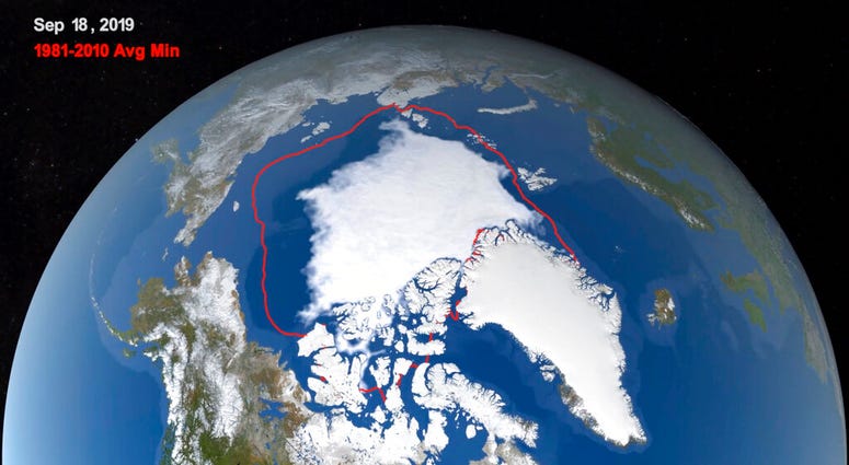 This image from video provided by NASA shows the likely 2019 minimum extent of ice in the Arctic Sea on Sept. 18, 2019, compared with the average minimum from 1981-2010. AP DO NOT USE