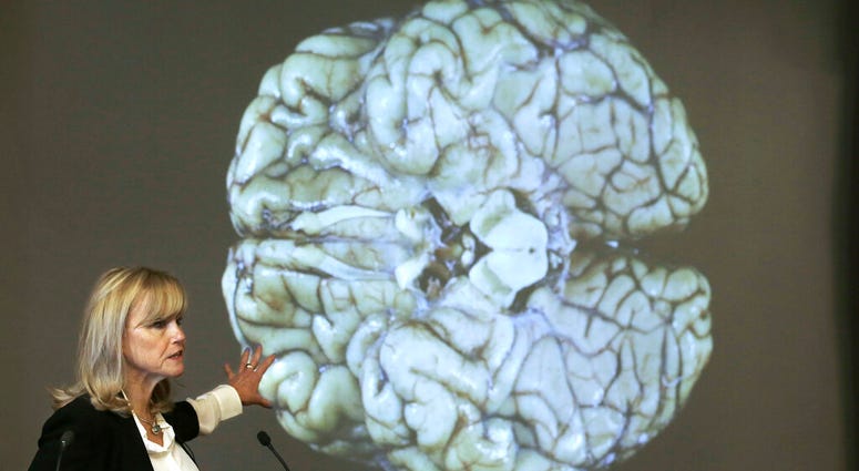 Ann McKee, director Boston University's center for research into the degenerative brain disease chronic traumatic encephalopathy, or CTE, addresses an audience on the school's campus