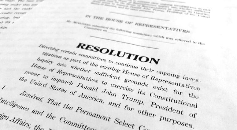The text of a House resolution released by the Democrats that authorizes the next phase of the impeachment inquiry against President Donald Trump is photographed in Washington, Tuesday, Oct. 29, 2019.