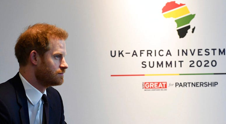 Britain's Prince Harry meets with Prime Minister of Morocco Saadeddine Othmani at the UK Africa Investment Summit in London, Monday Jan. 20, 2020. Britain's Prime Minister Boris Johnson is hosting 54 African heads of state or government in London, as the