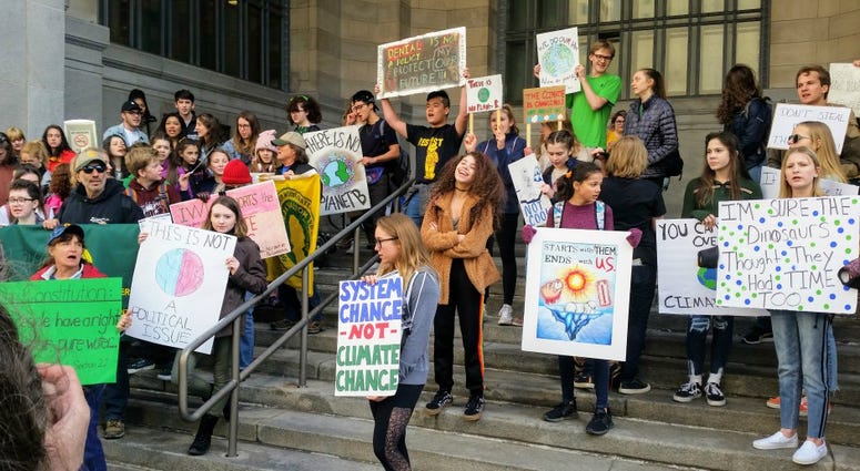 To chants of ‘Hey Hey, Ho Ho, Climate Change Has Got to Go,’ young people took over the steps of Pittsburgh’s City-County Building for a Youth Climate Strike. To chants of ‘Hey Hey, Ho Ho, Climate Change Has Got to Go,’ young people took over the steps of Pittsburgh’s City-County Building for a Youth Climate Strike.