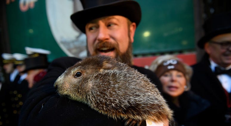 AJ Dereume holds Punxsutawney Phil after he did not see his shadow predicting an early spring during the 133rd annual Groundhog Day festivities on February 2, 2019 in Punxsutawney,